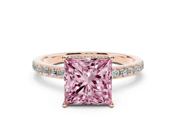 Fancy Pink Princess Cut Diamond Solitaire Ring with Pavé Band and Hidden Halo Rose gold