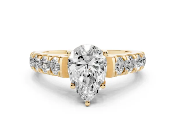Pear Cut Cut Diamond Solitaire Ring with Micro Pave Band and Prong Setting Yellow gold