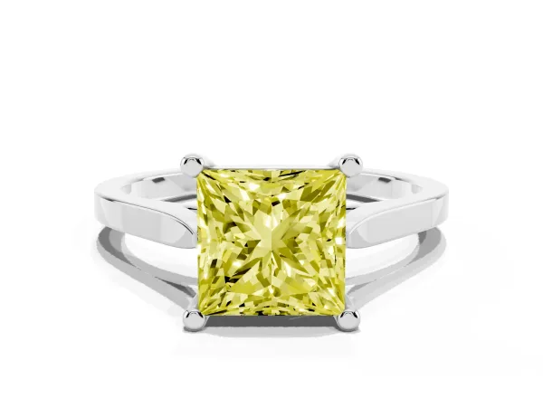 Fancy Yellow Princess Cut Solitaire Diamond Ring with Four-Prong Setting and Tapered Band Platinum
