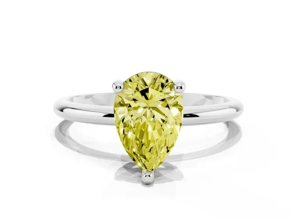 Fancy Yellow Pear Cut Solitaire Diamond Ring with 4-Prong Setting on a Classic Band White gold