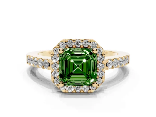 Fancy Green Asscher Cut Halo Diamond Pavé Solitaire Ring Yellow gold