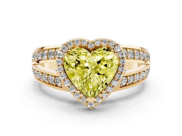 Fancy Yellow Heart Cut Diamond Halo Ring with Split Shank Pavé Band and Four-Prong Setting Yellow gold