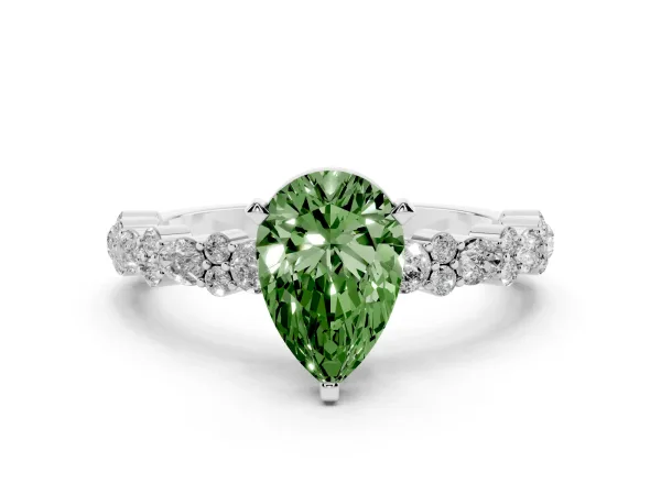 Fancy Green Pear Cut Diamond Side Stone Solitaire Ring with Round and Four-Prong Setting White gold
