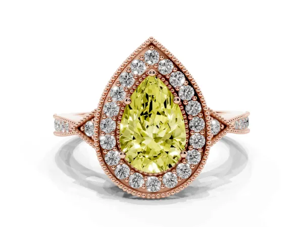 Fancy Yellow Pear Cut Halo Round Diamond Milgrain Pave Engagement Ring Rose gold