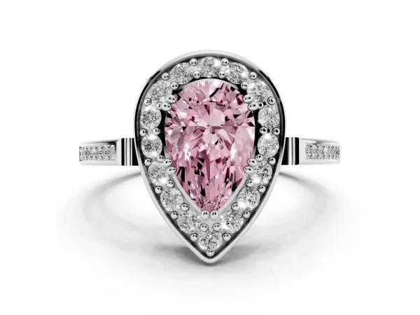 Fancy Pink Pear Cut Diamond Halo Ring with Split Shank and Four-Prong Setting Platinum
