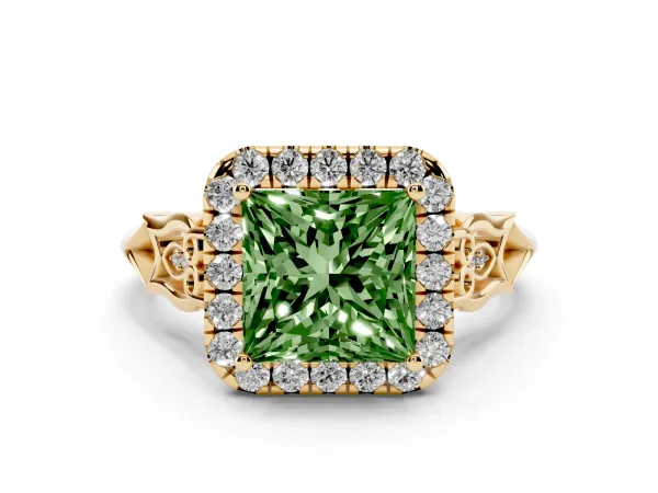 Fancy Green Princess Cut Halo Diamond Engagement Ring with Filigree Band and Four-Prong Setting Yellow gold