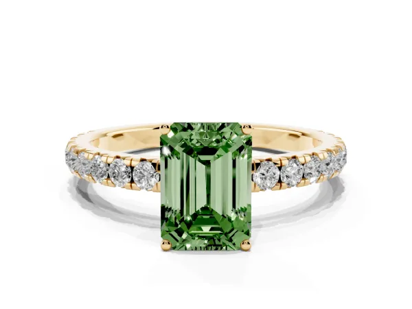 Fancy Green Emerald Cut Diamond Pavé Solitaire Engagement Ring with Four-Prong Setting Yellow gold