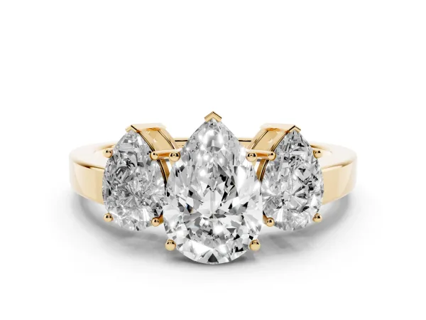 Three-Stone Pear Cut Cut Diamond Engagement Ring with Flat Band and Four-Prong Setting Yellow gold