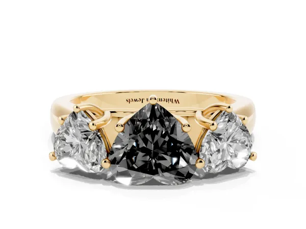 Fancy Black Heart Cut Three-Stone Diamond Ring with Prong Setting on a Classic Band Yellow gold