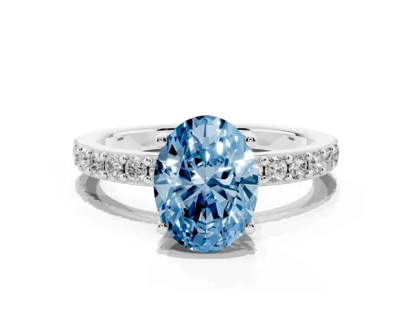 Fancy Blue Oval Cut Cut Diamond Solitaire with Pave Band and Four-Prong Setting Platinum