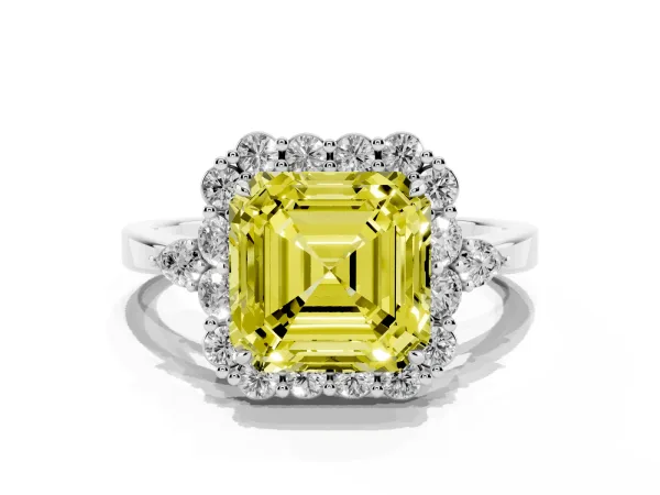 Fancy Yellow Asscher Cut Diamond Halo Ring with Pear Side Stones and Prong Setting Platinum