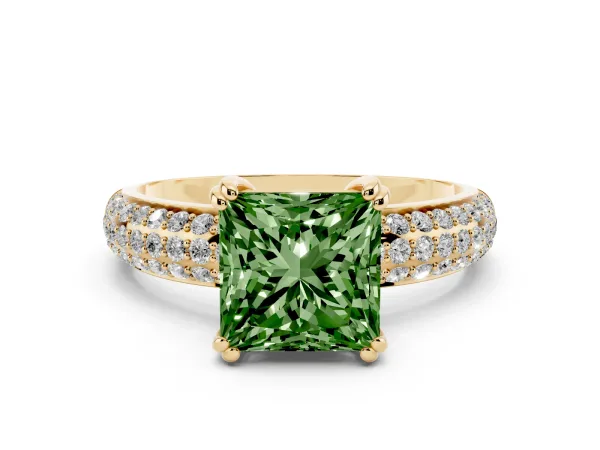 Fancy Green Princess Cut Diamond Solitaire Ring with Multi-Row Round Pavé Band and Prong Setting Yellow gold