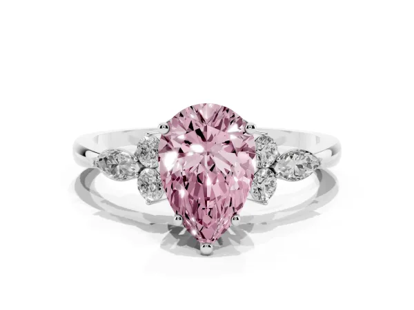 Fancy Pink Pear Cut Brilliant Diamond Solitaire Ring with Pear Side Stones and Four-Prong Setting White gold