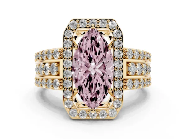 Fancy Pink Marquise Cut Halo Diamond Ring with Round Split Shank and Prong Setting Yellow gold