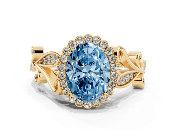 Fancy Blue Oval Cut Diamond Halo Ring with Vintage Split Shank and Four-Prong Setting Yellow gold