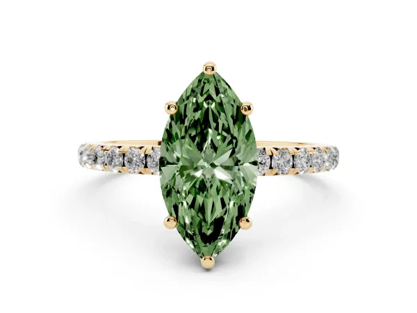 Fancy Green Marquise Cut Cut Diamond Solitaire Ring with Micro Pave Band and Four Prong Setting Yellow gold