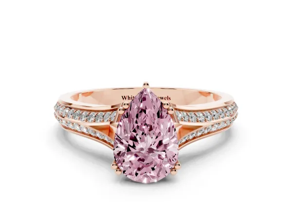 Fancy Pink Pear Cut Diamond Split Shank Engagement Ring with Pavé Band Rose gold