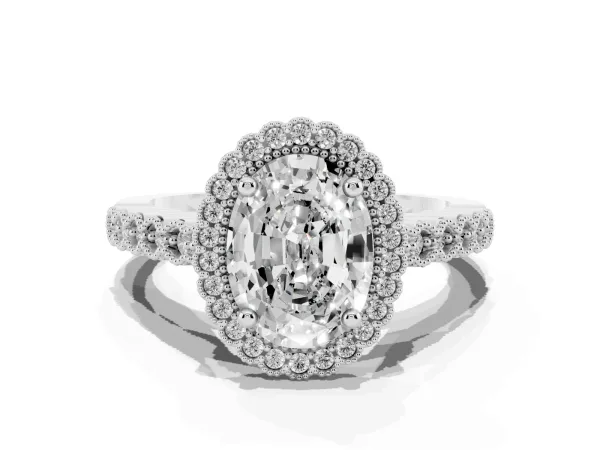 Oval Cut Cut Halo Pavé Solitaire Ring with Milgrain Band Platinum