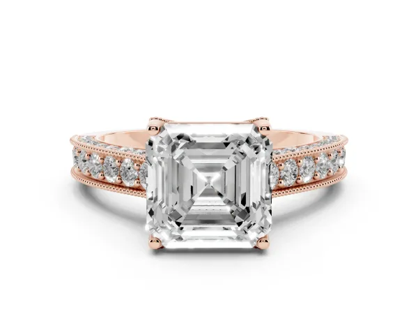 Asscher Cut Cut Diamond Solitaire Ring with Milgrain Pave Band and Four Prong Setting Rose gold