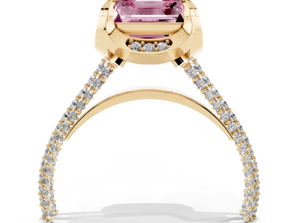 Fancy Pink Asscher Cut Solitaire Pave Split Shank Ring with Four-Prong Setting Yellow gold