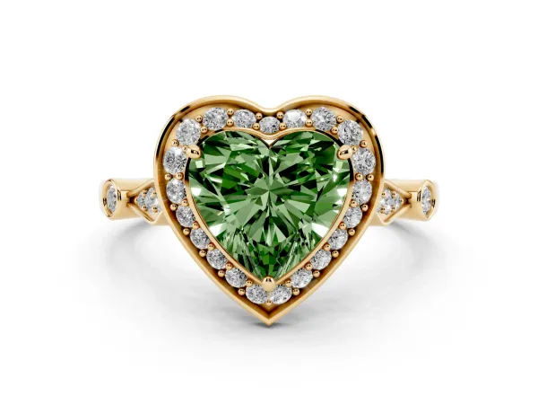 Fancy Green Heart Cut Halo Diamond Engagement Ring with Twisted Band and Four-Prong Setting Yellow gold