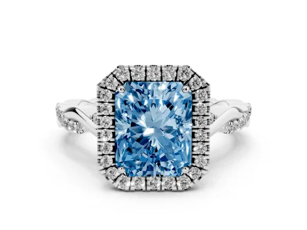 Fancy Blue Radiant Cut Halo Twist Band Solitaire Ring White gold