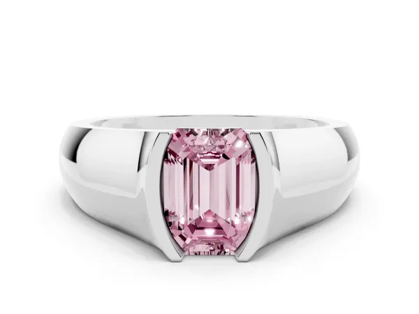 Fancy Pink Emerald Cut Solitaire Bezel Set Diamond Ring with Wide Band White gold
