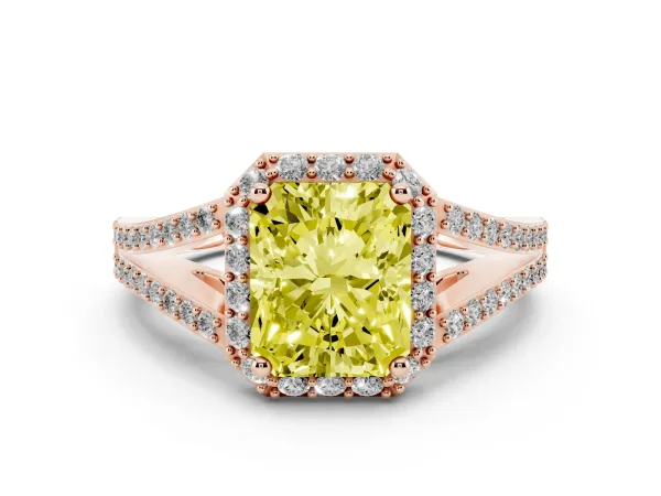 Fancy Yellow Radiant Cut Halo Split Shank Diamond Ring with Prong Setting Rose gold
