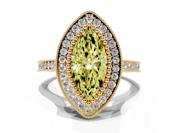 Fancy Yellow Marquise Cut Diamond Halo Ring with Milgrain Frame and Pavé Band Yellow gold