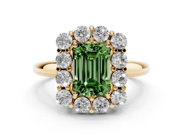 Fancy Green Emerald Cut Halo Cluster Diamond Engagement Ring with Prong Setting and Polished Band Yellow gold