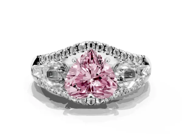 Fancy Pink Three-Stone Heart Cut Diamond Engagement Ring with Pave Band and Prong Setting Platinum