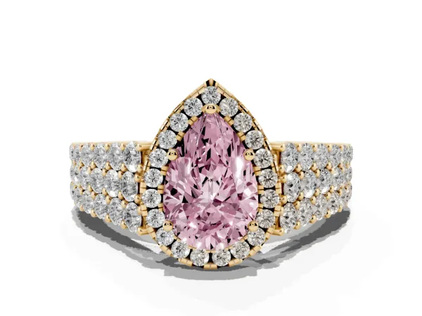 Fancy Pink Pear Cut Diamond Halo Engagement Ring with Triple Row Round Pavé Band and Prong Setting Yellow gold