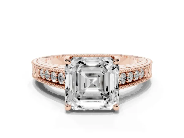 Asscher Cut Solitaire Pavé Diamond Milgrain Engagement Ring with Four-Prong Setting Rose gold