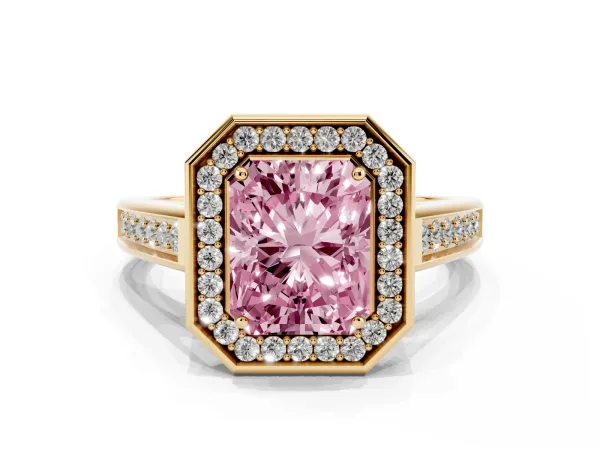 Fancy Pink Radiant Cut Halo Solitaire Diamond Ring with Pave Band and Bezel Setting Yellow gold