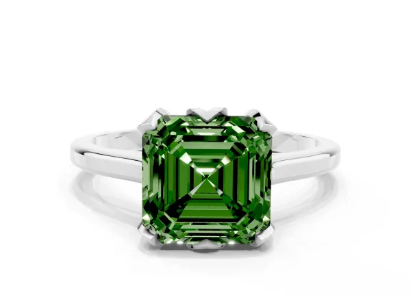 Fancy Green Asscher Cut Diamond Solitaire Ring with Flower Prong Setting and Classic Band Platinum