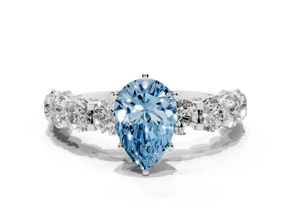Fancy Blue Pear Cut Diamond Side Stone Engagement Ring with Four-Prong Setting Platinum
