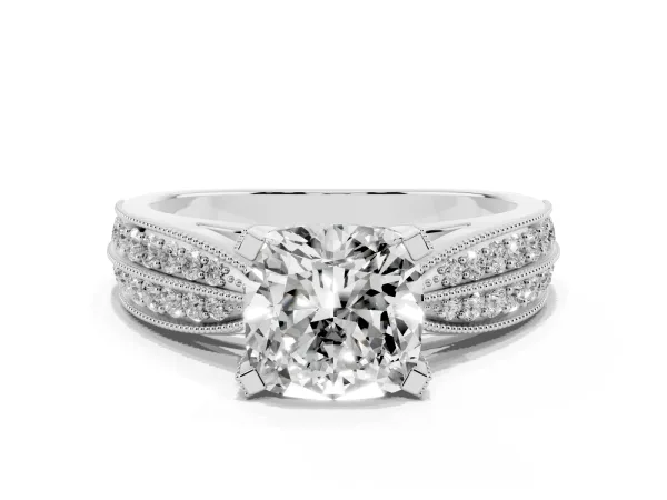 Cushion Cut Diamond Solitaire Ring with Milgrain Round Pavé Band and Prong Setting White gold