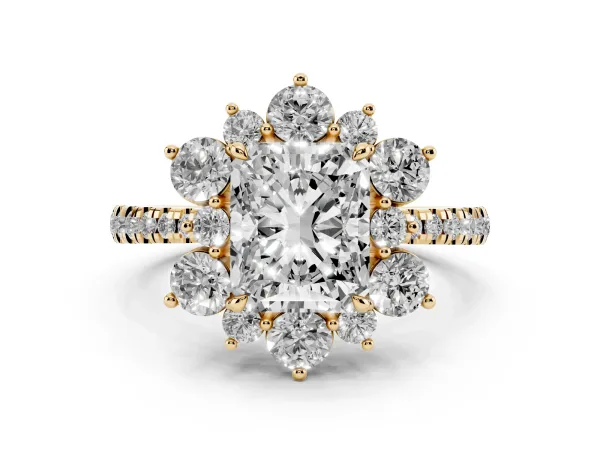 Radiant Cut Diamond Floral Halo Ring with Round Pavé Band and Prong Setting Yellow gold