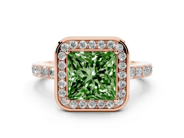 Fancy Green Princess Cut Diamond Halo Ring with Bezel Frame and Pavé Band Rose gold
