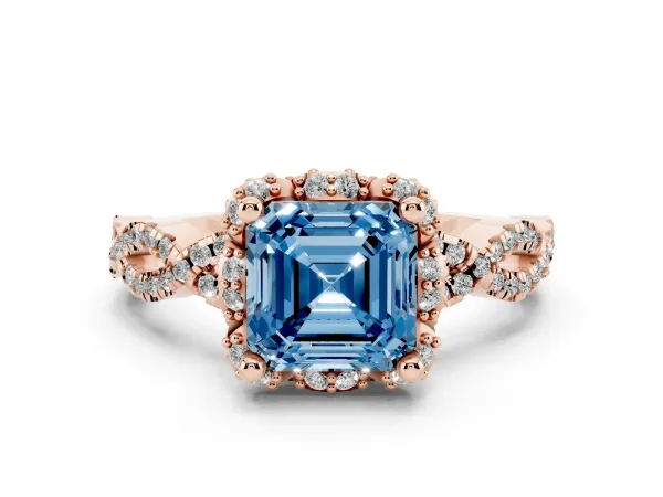 Fancy Blue Asscher Cut Halo Twist Band Solitaire Ring with Six-Prong Setting Rose gold