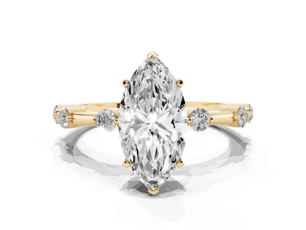 Marquise Cut Solitaire Diamond Ring with Bezel Set Side Stones and Prong Setting Yellow gold
