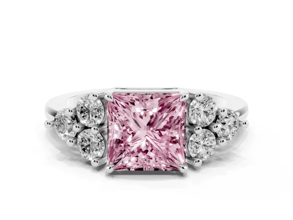 Fancy Pink Princess Cut Brilliant Diamond Cluster Accent Solitaire Ring with Prong Setting Platinum
