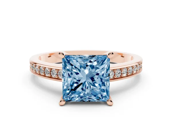 Fancy Blue Princess Cut Solitaire Pavé Band Prong Setting Ring Rose gold