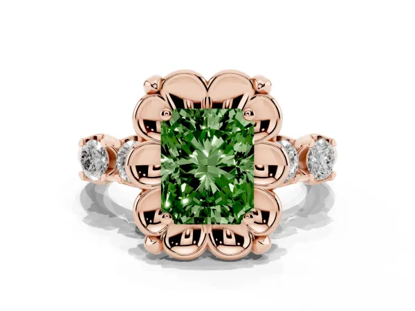 Fancy Green Radiant Cut Cut Diamond Floral Halo Engagement Ring with Shared Prong Setting Rose gold