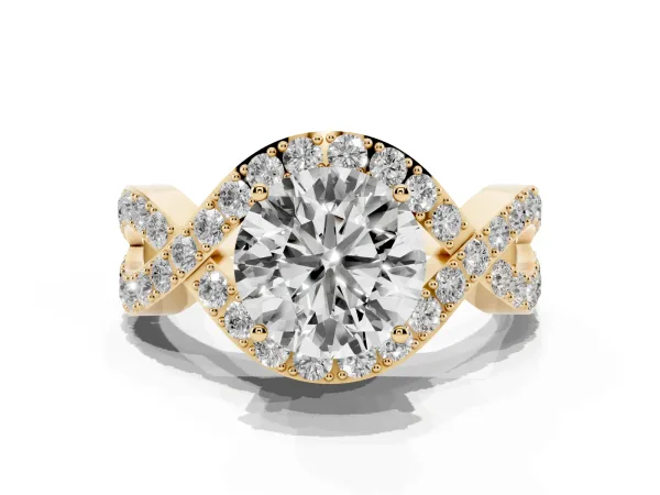 Round Cut Solitaire Twist Band Pavé Diamond Engagement Ring Yellow gold
