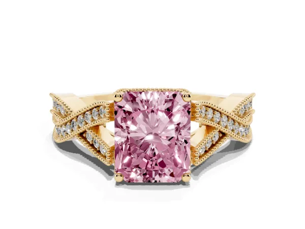 Fancy Pink Radiant Cut Cut Diamond Twisted Band with Milgrain Pave Setting and Four-Prong Setting Yellow gold