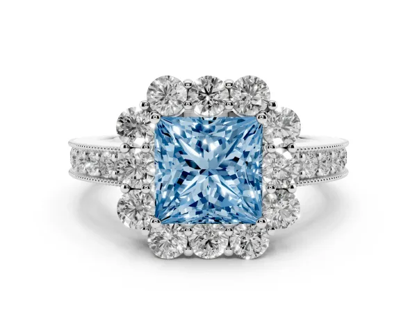 Fancy Blue Princess Cut Cut Halo Diamond Pavé Engagement Ring with Milgrain Detailing Platinum