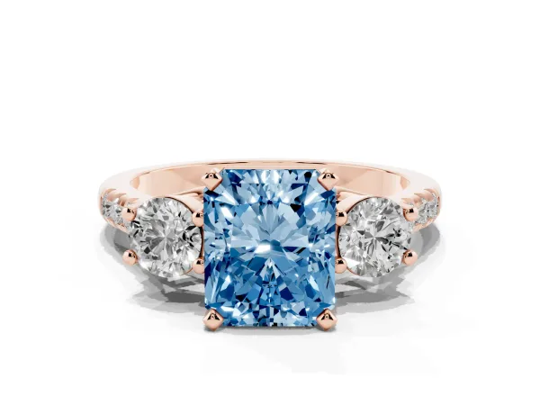 Fancy Blue Three-Stone Radiant Cut Diamond Pavé Band with Four-Prong Setting Rose gold