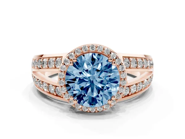 Fancy Blue Round Cut Diamond Halo Ring with Split Shank Pavé Band and Four-Prong Setting Rose gold