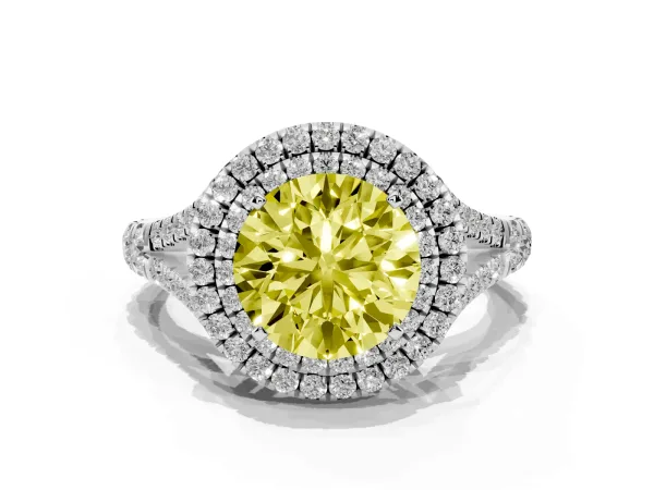 Fancy Yellow Round Cut Diamond Pavé Split Shank Double Halo Engagement Ring Platinum